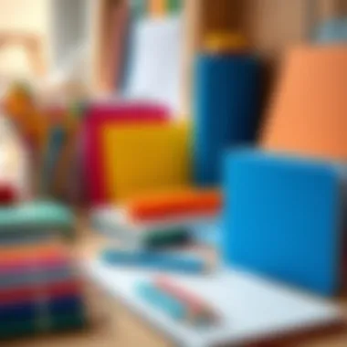 Colorful stationery products including notebooks and art supplies