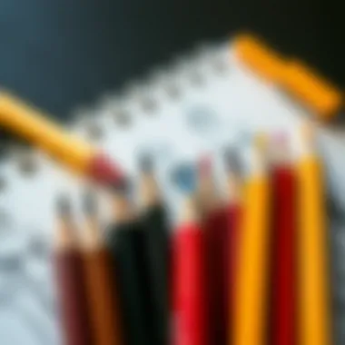 Close-up of various fashion illustration techniques with pencils