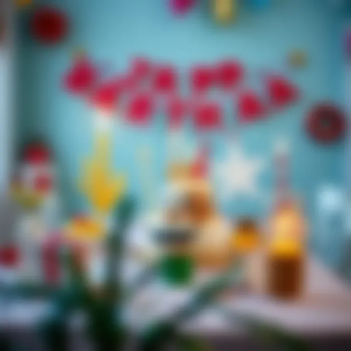 Festive Celebration Table Setting A festive birthday table setting with a creative cake display, showcasing decorations that enhance the celebratory atmosphere for children.