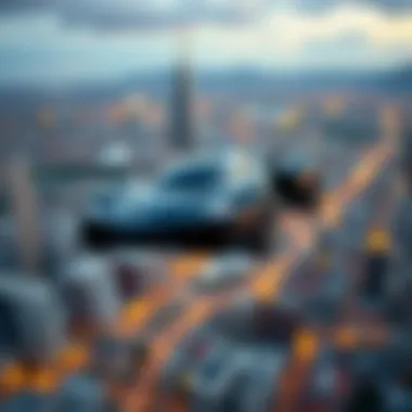 Futuristic Flying Car Toy A futuristic flying car toy in action above a cityscape