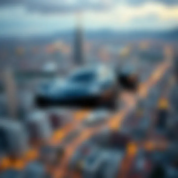 Futuristic Flying Car Toy A futuristic flying car toy in action above a cityscape