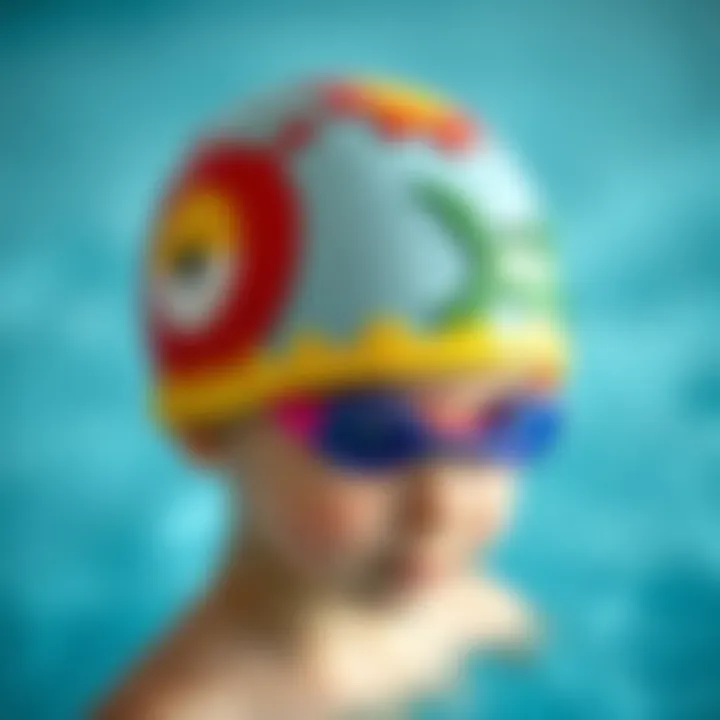 Close-up of a swimming cap with fun designs for kids