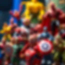 A colorful display of Goo Jit Zu figures featuring Marvel characters in action poses