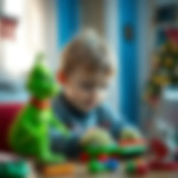 A child engaged with Grinch-themed educational toys