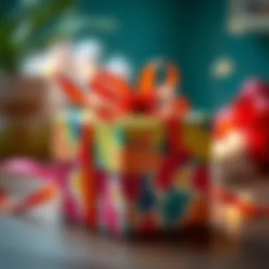 A colorful handmade gift box adorned with ribbons