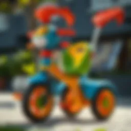 Detailed view of the Happy Dino tricycle highlighting its vibrant colors and ergonomic design