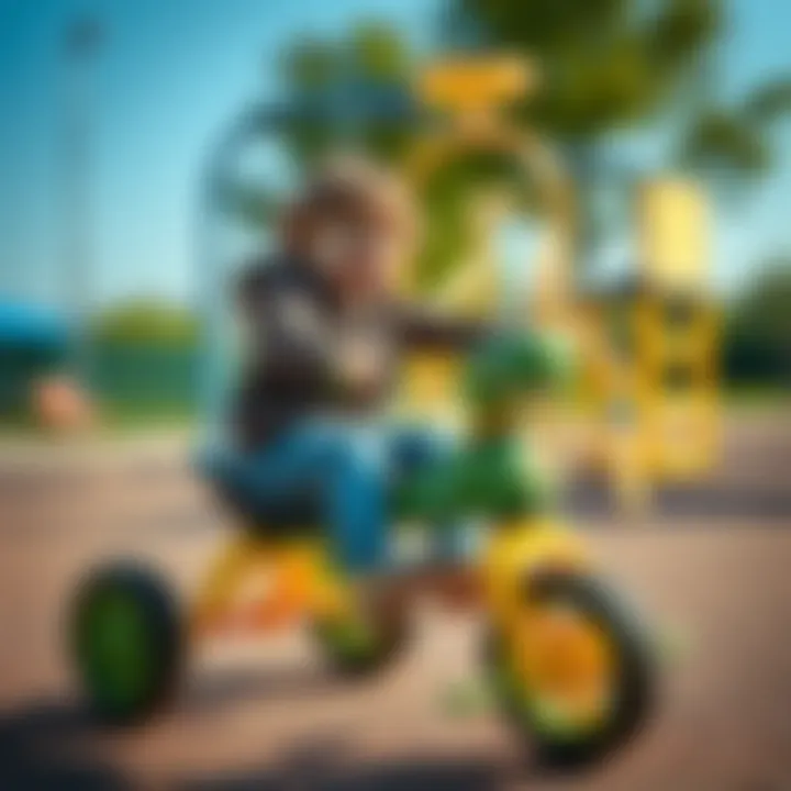 Child engaging with the Happy Dino tricycle in a playground setting, demonstrating the joy of riding