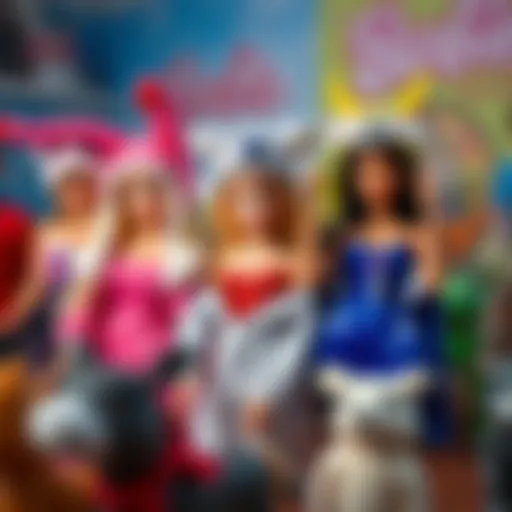 A vibrant collection of animal-costumed Barbies in playful poses