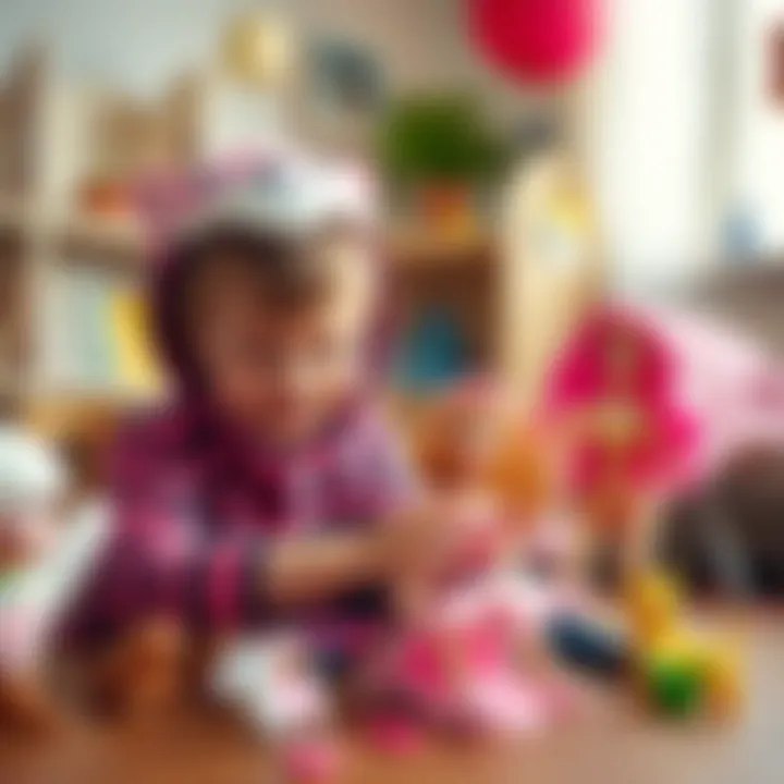 A child happily playing with a Barbie in a colorful animal costume