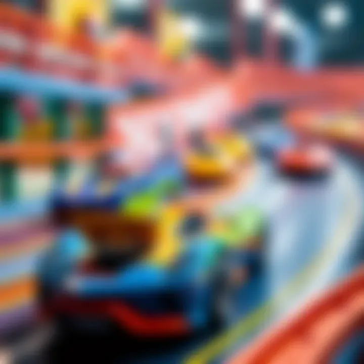 Colorful Hot Wheels cars racing on a vibrant track