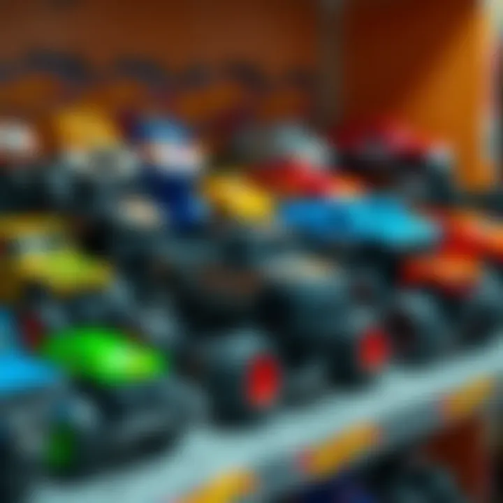 A collection of various 1/24 scale Hot Wheels monster trucks displayed on a shelf