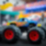 Detailed view of a 1/24 scale Hot Wheels monster truck showcasing its vibrant design