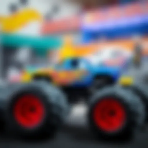 Detailed view of a 1/24 scale Hot Wheels monster truck showcasing its vibrant design
