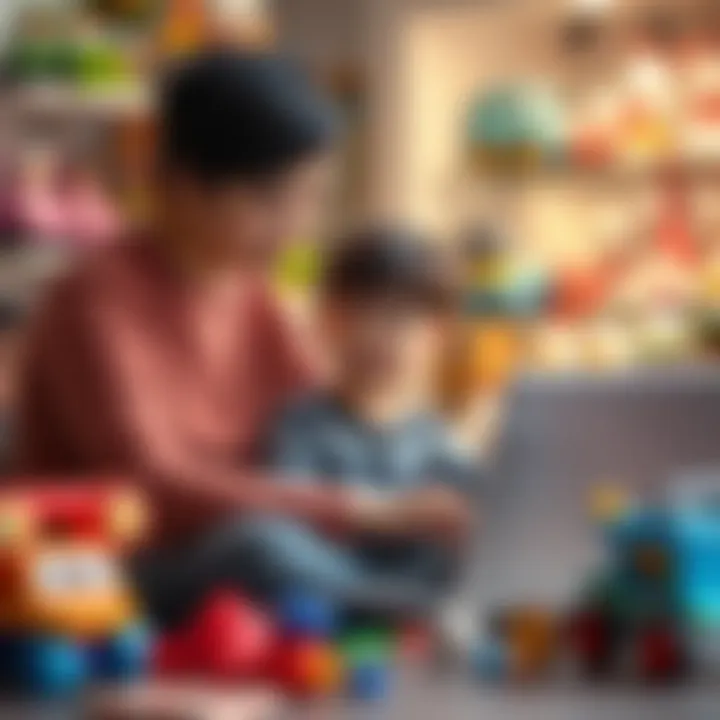 A parent shopping for toys on a laptop with a child