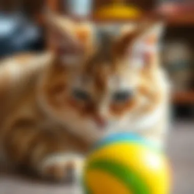 Close-up of a cat engaging with a colorful toy ball