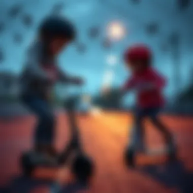 Children practicing balance and coordination on scooters