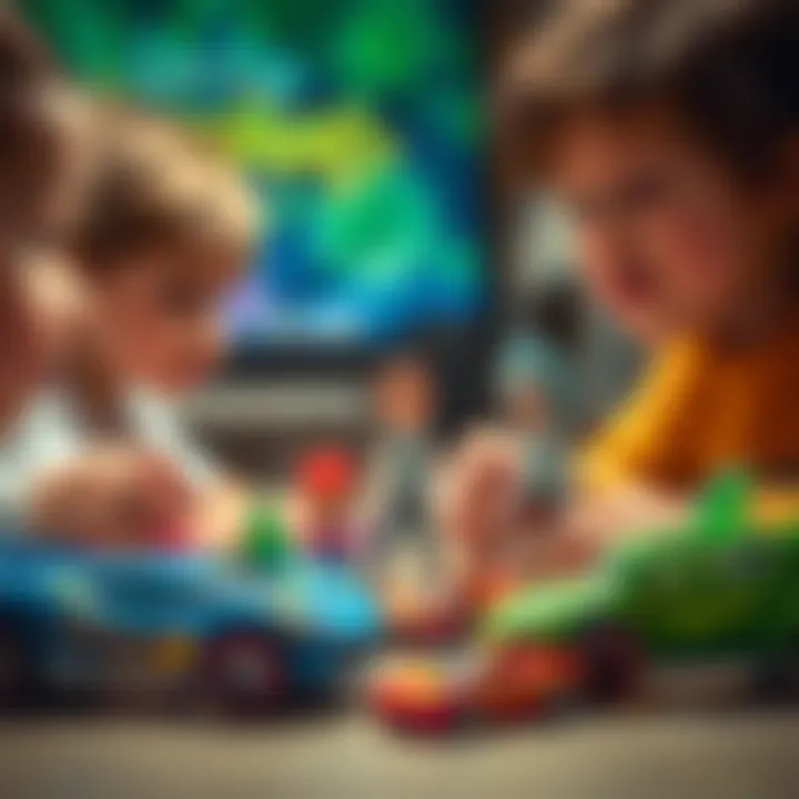 Children engaging in imaginative play with Hot Wheels and Rick and Morty toys