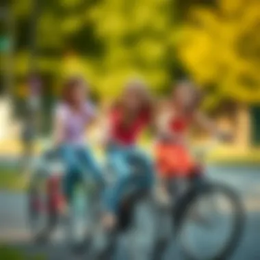 Group of girls playing together while riding their bicycles.
