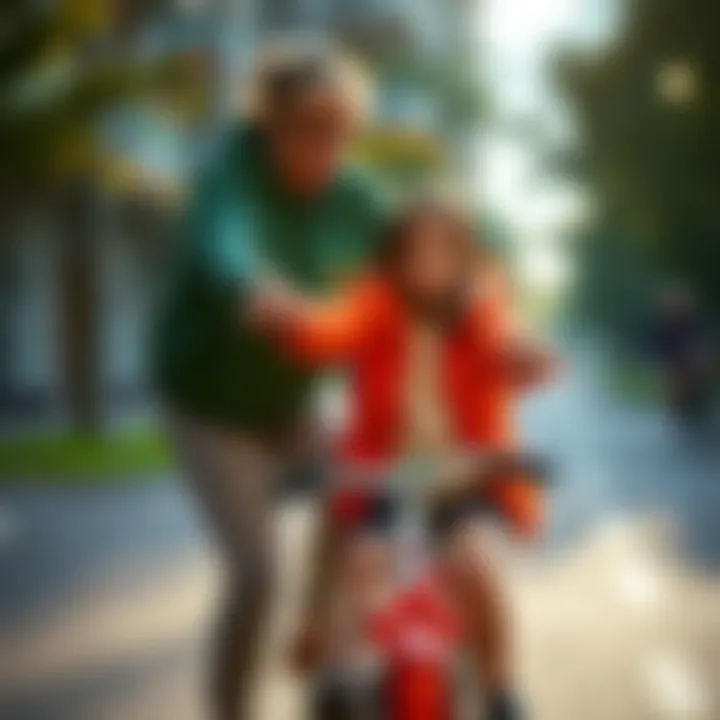 A parent teaching a girl how to ride a bicycle safely.