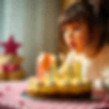 A close-up of a little girl blowing out candles on her birthday cake, making a wish.