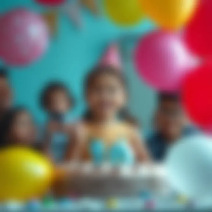 A joyful birthday celebration scene with a little girl surrounded by balloons and friends.