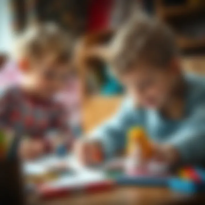 Children engaged in drawing toy dolls with joy