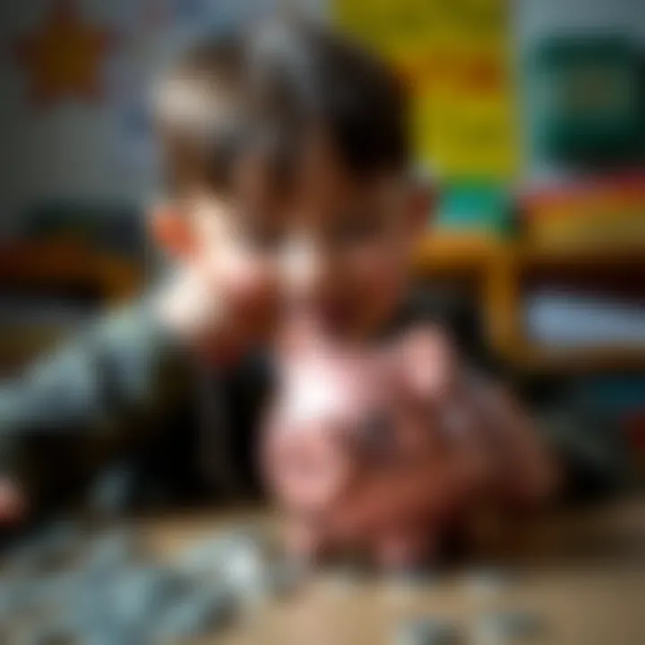 A child engaging with a metal piggy bank, illustrating the concept of saving.