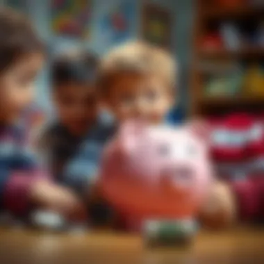 Children learning to save money with a piggy bank