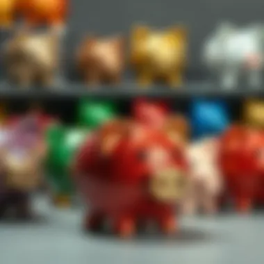 A variety of metal piggy banks with different designs and colors.