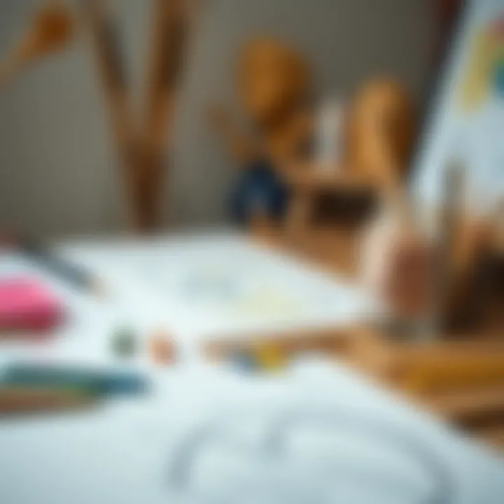 An artistic workspace featuring dry pastels, paper, and sketches