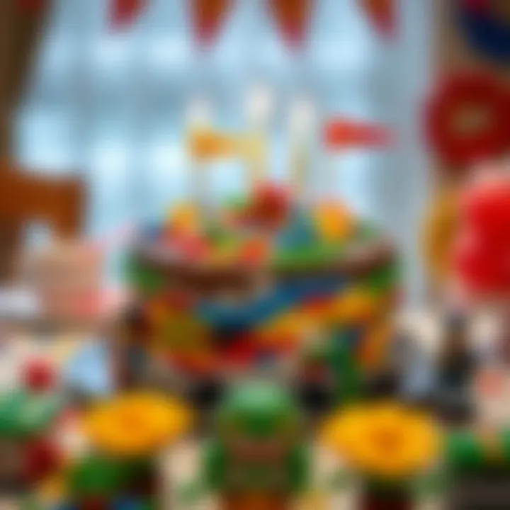 A beautifully presented Lego themed birthday cake on a decorated table