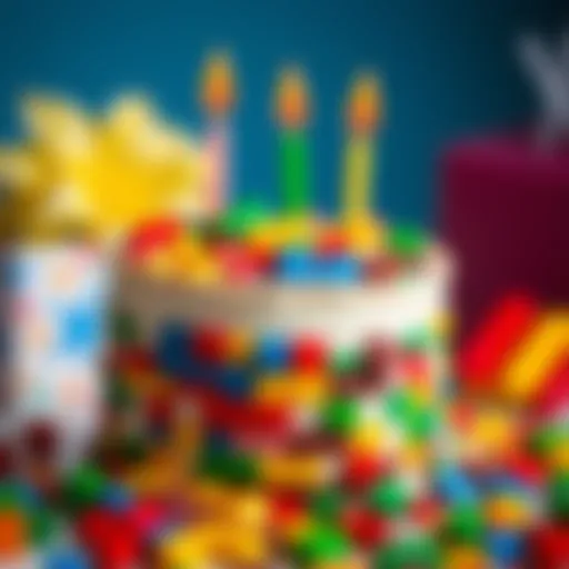 Colorful Lego-themed birthday cake adorned with building blocks
