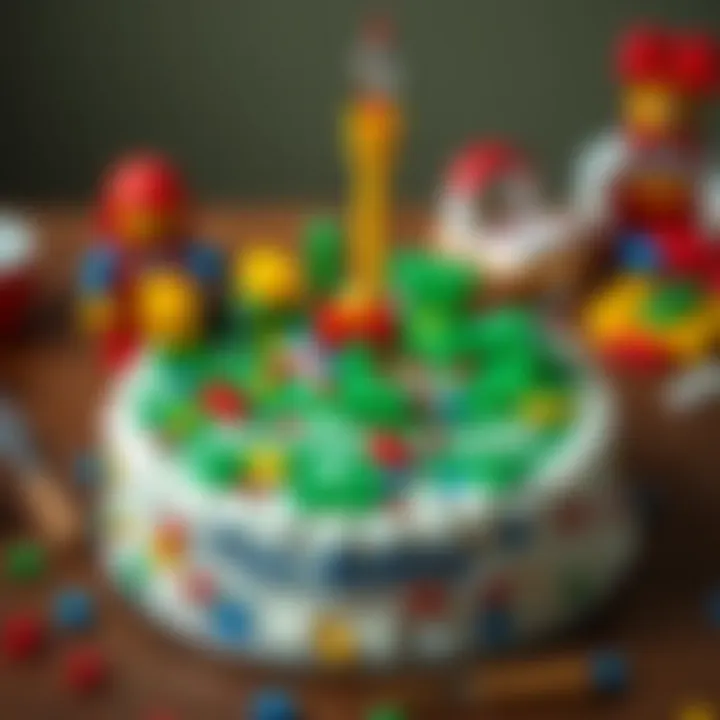 Creative presentation of a Lego birthday cake with themed decorations