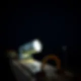 Powerful marine spotlight illuminating a dark shoreline