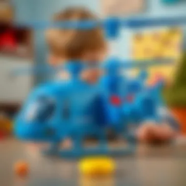 Child playing with a blue helicopter in a creative environment