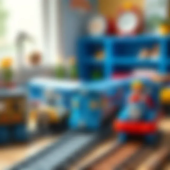 An educational setup featuring blue train toys that aid in cognitive development.