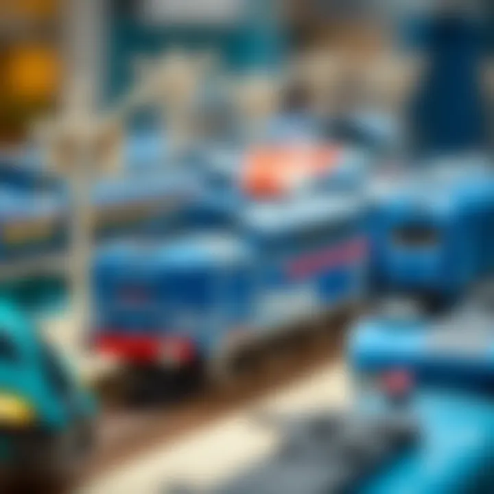 A beautiful display of various models of blue trains highlighting their diversity.