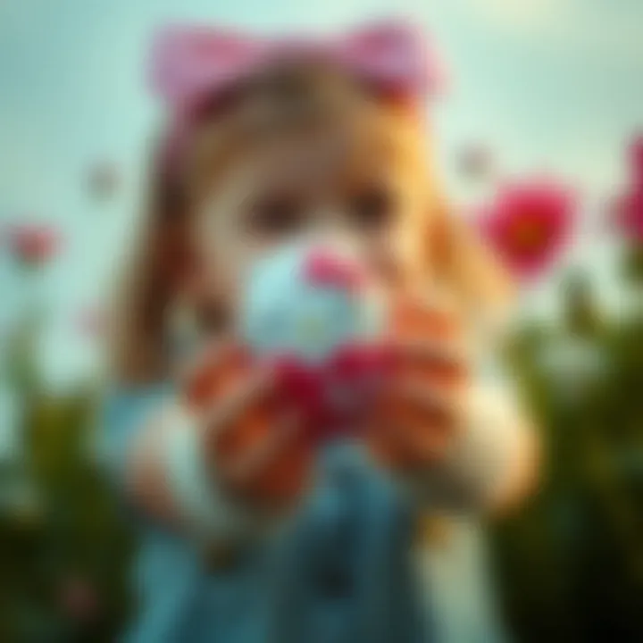 A child happily holding a Hello Kitty egg