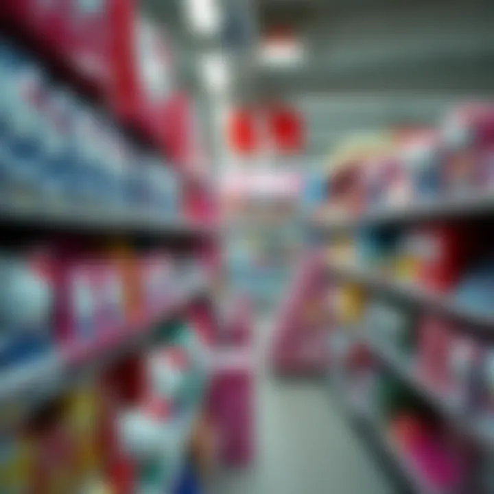 An overview of a market shelf stocked with Hello Kitty products