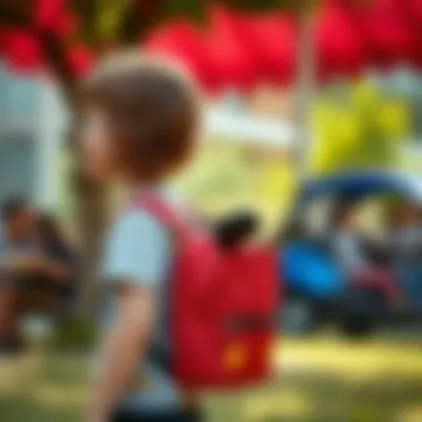Child enjoying outdoor activity with Mickey Mouse backpack