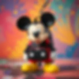 A stylish Mickey Mouse backpack displayed on a colorful background