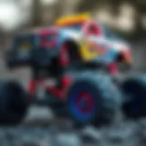 A striking view of a monster truck showcasing its vibrant design