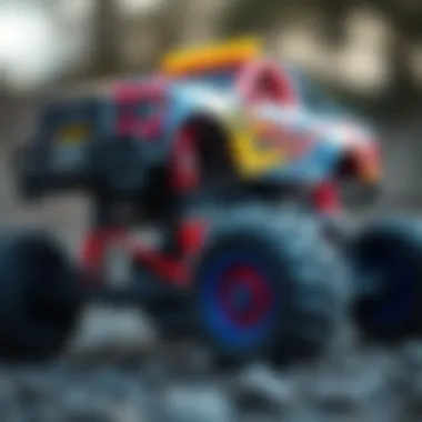 A striking view of a monster truck showcasing its vibrant design