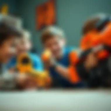 Children Enjoying Nerf Battle Children joyfully engaging in a Nerf battle, showcasing teamwork and fun.
