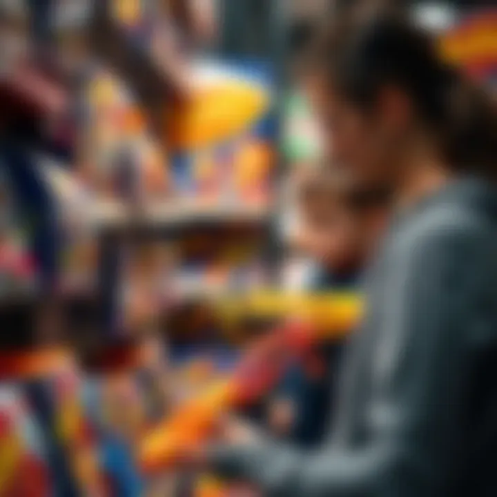 Selecting Nerf Products for Learning A parent selecting Nerf products for educational play from a well-organized display.