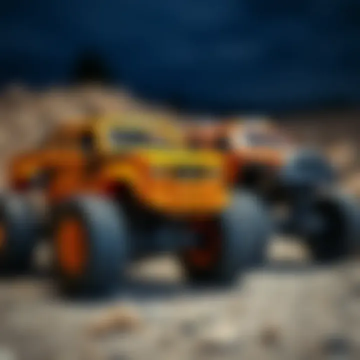 A side-by-side comparison of new and used monster trucks