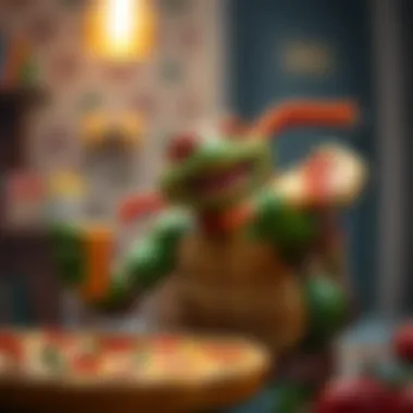 Michelangelo joyfully holding a pizza