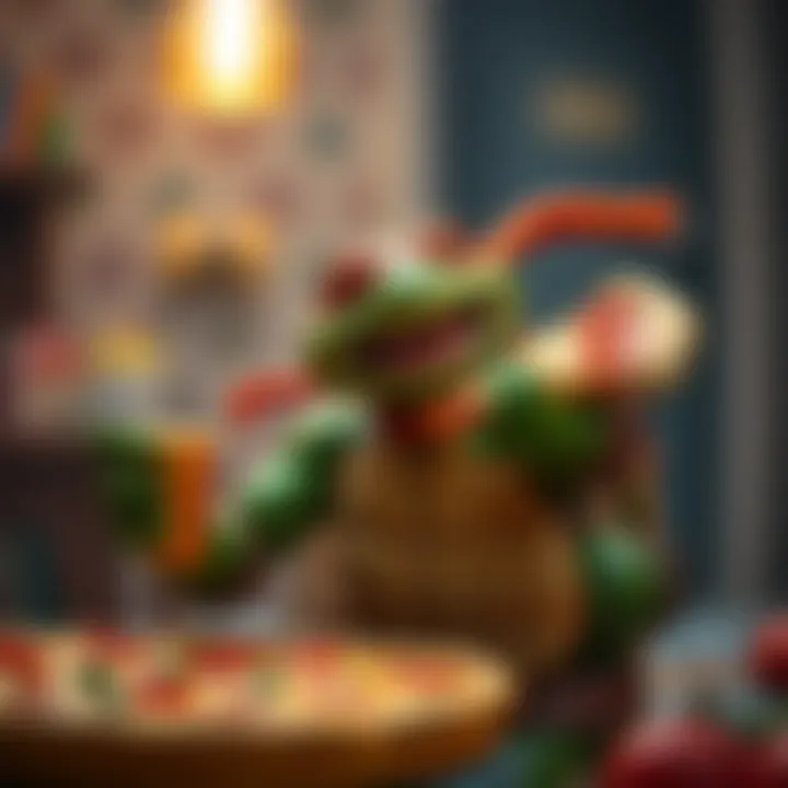 Michelangelo joyfully holding a pizza