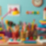 A vibrant desk filled with colorful stationery and educational toys.