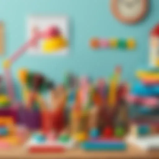A vibrant desk filled with colorful stationery and educational toys.